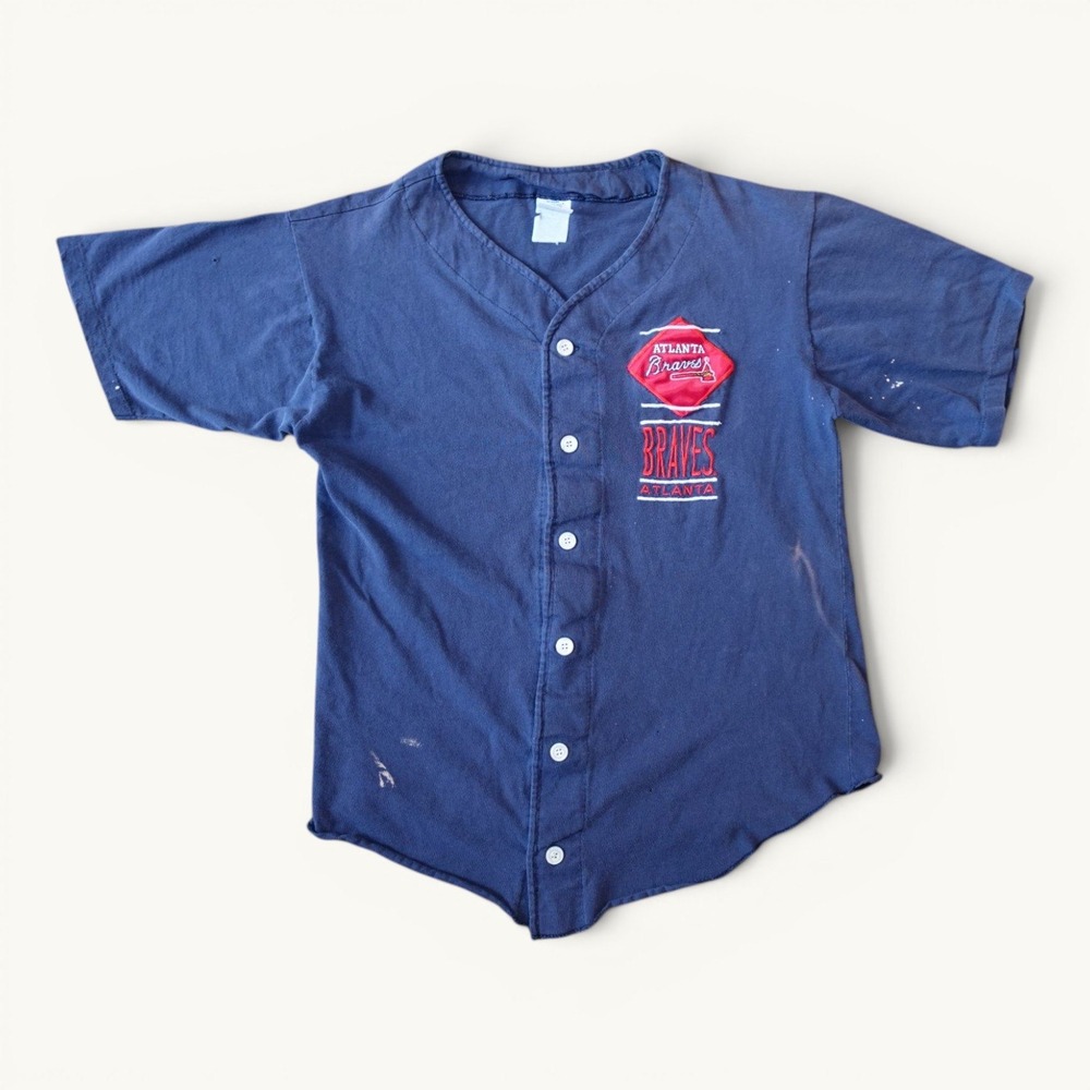 Vintage Atlanta Braves‎ Logo 7 Baseball Jersey Button Up Shirt Navy Blue